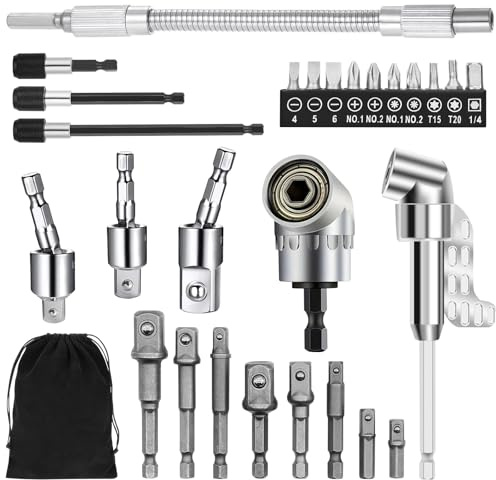 28 Pièces Embouts de Perceuse Flexibles Kit, 105° Tournevis Flexible, Adaptateur Hexagonal, Adaptateur Porte Douille, 1/4 Rallonge Embout Visseuse, Rallonge Flexibles de Foret pour Espace Confinés