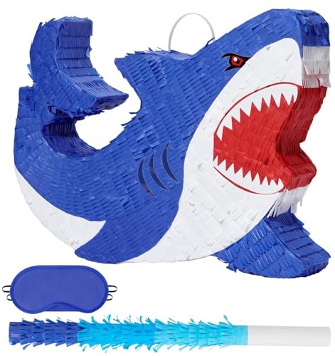 WERNNSAI Hai Pinata – Geburtstag Piñata Deko Junge Kindergeburtstag Hai Piñata mit Stock Augenmaske Geburtstagsparty Dekoration Unterwasser Deko Ozean Poolparty Partyspiele Zubehör Blau | Hai Piñata mit Stock Augenmaske, Ozean Poolparty Deko, Hängende Tier Piñata, Sommer Partyzubehör