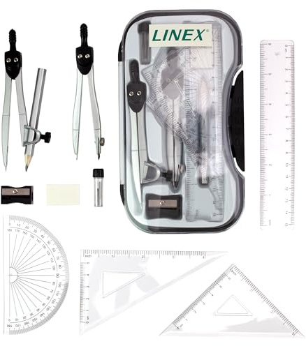 Linex Maths Geometry Set, 10-Piece Exam Kit with Transparent Case, Black, Includes Self-Centring Compasses, Protractor, Ruler, Set Squares & Eraser