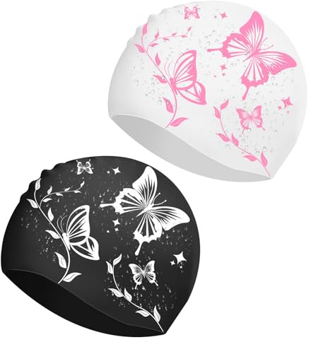 2 Pack Silicone Swimming Cap for Women, Soft Elastic Anti-Slip Swim Hat, 3D Ergonomic Design Waterproof Swim Cap for Long Hair Adults Kids