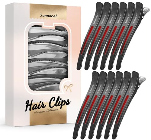12 Stück Haarklammer Professionelle Abteilklammern Friseur,Rutschfeste Haarspangen mit Entenschnabel und Silikonband,Haarschneidespangen für Friseursalon und Zuhause(Schwarz Rot)