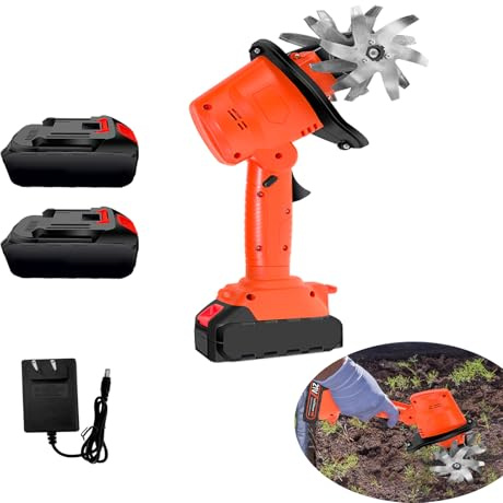 Motorhacke, 21V Akku-Bodenhacke mit 2X 3000 MAh Akuus, Akkubetriebene Gartenfräse Drahtloser Ruderkultivierer für Rasenbodenanbau und Unkraut