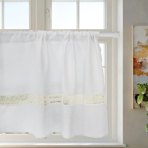 HiSnug Rideaux à Panneaux pour Cuisine Blanc Lin Rideau de bistrot pour Rideaux de Style Rustique, Motif Patchwork en Dentelle, H45 x L125 cm - 1 pièce