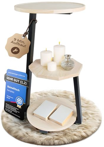 Beistelltisch rund aus Holz – TESTSIEGER mit 3 Ebenen Ablage [Anti-Drop-Rand], naturfarben, Dekotisch & Blumenständer für Wohnzimmer und Schlafzimmer, hohes Tischchen neben Couch, Bett und Sofa