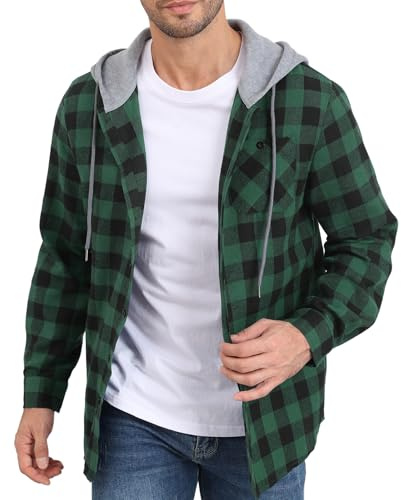 CTU Herren-Kapuzenpullover Leichte Karierte Jacke mit Knopfleiste am Saum Langärmliges Hemd mit Taschen