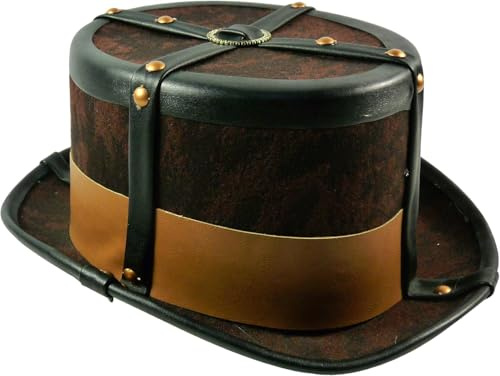 TrendandStylez Steampunk Zylinderhut, Braun Lederoptik, mit Riemen und Kofferdesign, für Erwachsene, Karnevalskostüm Accessoire
