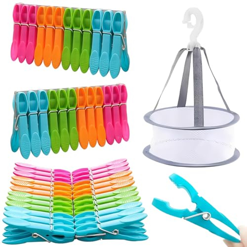 THQAE 48 Pinzas para Ropa con Cesta, Pinzas Coloridas de Sujeción Fuerte, Pinzas de Plástico con Antideslizante, Ideales para Ropa Interior, Pantalones, Camisetas y Calcetines