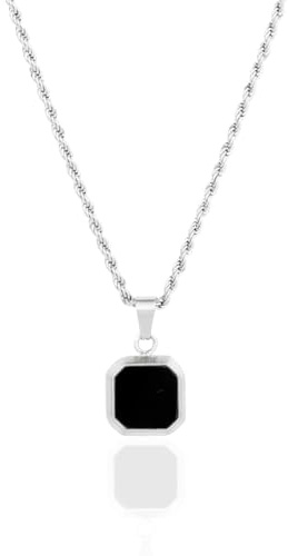 TWISTED PENDANT® Men’s Black Onyx Pendant Necklace – Silver Rope Chain, Stainless Steel & Natural Onyx Stone, Minimalist Men's Jewellery (Silver)
