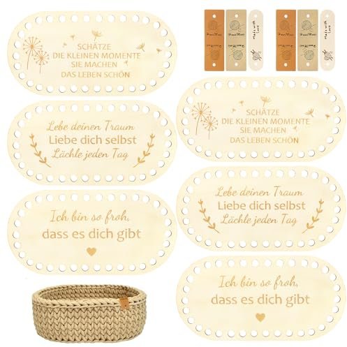 WALLFID Häkelboden Set aus Holz, 6 ovale Bodenplatten mit 6 Labels– Holzboden für Häkelkorb, Tasche & Aufbewahrungsbox – DIY Ovale Häkelbodenplatten aus Holz, stabil & leicht zu verarbeiten