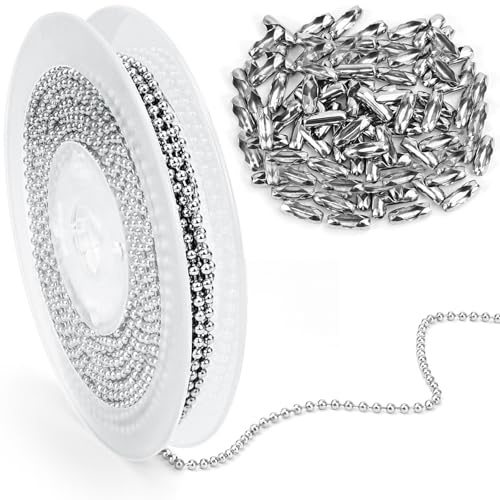 NISENTIA Ball Chain, 10 Meter Stainless Steel Beads Roller Chain Silver Ball Beaded Pull Chains with 50 Matching Connectors Ball Chains 2.4 mm Diameter for DIY Jewellery Making Tags