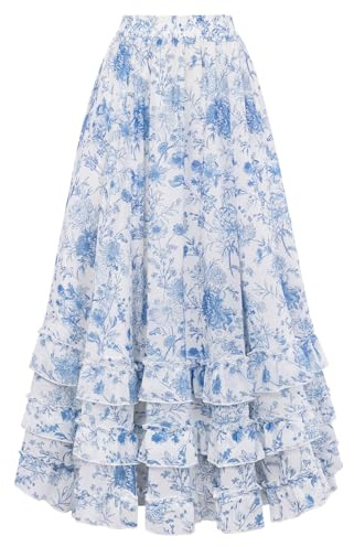 SCARLET DARKNESS Women Maxi Skirts Floral Chiffon Victorian Elastic High Waist Flowy Ruffle Long Skirt with Pockets Blue Floral S