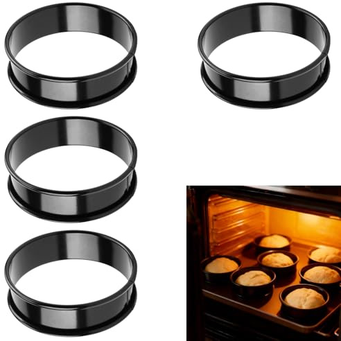 Bamily 4Pcs Crumpet Rings, 8.5cm Crumpets Cooking Rings Non Stick | Stainless Steel, Double Rolled Baking Rings, English Muffin Ring, Round Cake Rings, Egg Burger Rings Mold for Baking Cooking