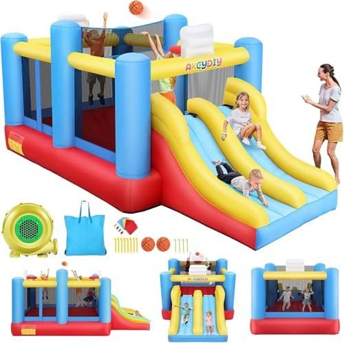 Castillo hinchable hinchable para niños de 3 a 12 años, 4,6 x 2,4 m, con tobogán y zona de salto con pelota y canasta de baloncesto, para 4 niños, tejido Oxford 420D/840D resistente con soplador