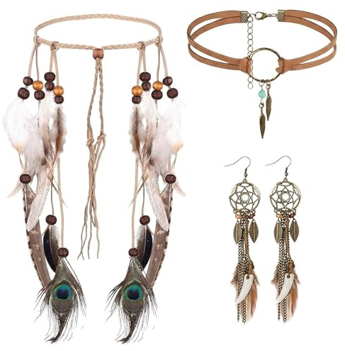 QhgPnt 3Pcs Indian Head Dress Jewelry Set, Leather Choker and Feather Dangle Earrings, Vintage Hippie Tribal Bohemian Jewelry, for Women Costume Party Festiva Cosplay Carnival