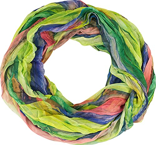 fashionchimp Loop Schlauchschal für Damen mit Feder-Muster in Batik Style, Crash and Crinkle, Seide, Schal (Grün-Bunt)