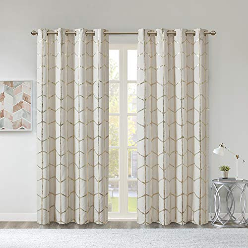 Intelligent Design Raina Total Blackout Metallic Print Grommet Top Single Curtain Panel Thermal Insulated Light Blocking Drape for Bedroom Living Room and Dorm, 50x84, Ivory/Gold 1 Piece