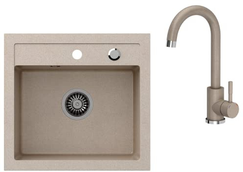 VBChome Spülbecken mit Armatur 50 x 47 cm Beige Granit Spüle Einzelbecken Küche Einbauspüle Verbundspüle Küchenspüle gesprenkelt Spülbecken Siphon Armatur