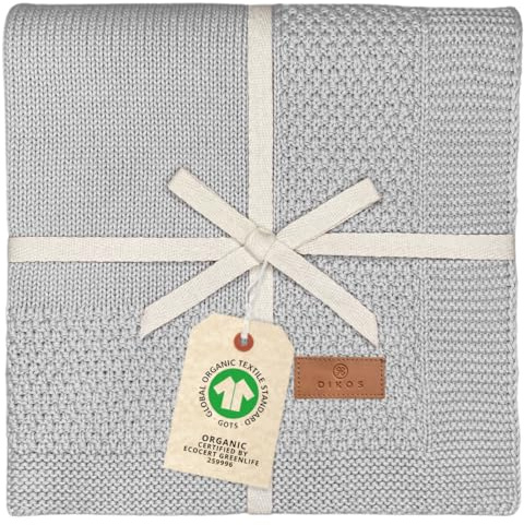 DIKOS® Babydecke (Grau) – aus 100% Bio-Baumwolle (GOTS & Oeko-TEX) – schönes Geschenk zur Geburt für Neugeborenen Jungen & Mädchen – weiche, atmungsaktive Strickdecke – ideal als Erstausstattung