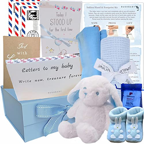 BUSHBABY Baby presentset – nya babykorgar pojkar i minnessak låda med unika nya bebisgåvor – present till bebis pojke nyfödda – babyshower presenter till mamma – ny mamma baby korg – blå nyfödda nödvändigheter