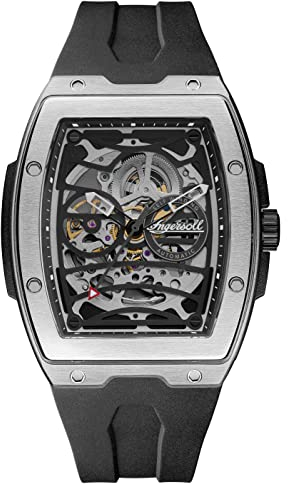 Ingersoll 1892 The Challenger Herren-Automatikuhr, 45 mm, mit schwarzem/silbernem Zifferblatt und schwarzem PU-Kunststoffarmband I12301