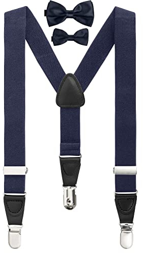 BomGuard Bretelle per bambini adolescenti in ecopelle, blu scuro + papillon blu scuro