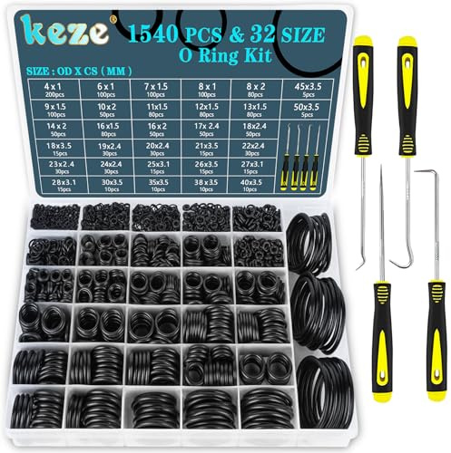 KEZE 32 Size 1540 Pcs Rubber O Rings Assortment Kit with Pick and Hook Set for Assorted Faucet Plumbing Pressure Washer Automotive Repair,Air or Gas Sealing Connections O Ring OD:4mm-50mm