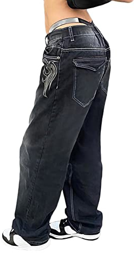 ORANDESIGNE A Noir Y2K Jeans pour Femme Taille Basse Jean Évasé Coupe Large Pantalon Cargo Ample Gothique Punk Foncé Vintage Baggy Hose Droit Pantalon en Denim E-Girl Streetwear M
