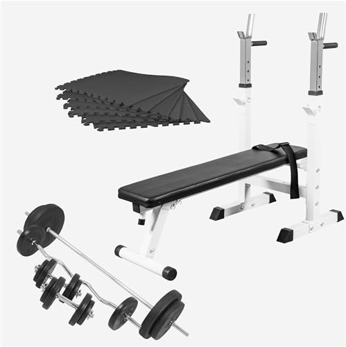 GORILLA SPORTS® Hantelbank - mit 100kg Hantelset, inkl. 6 Schutzmatten, Ablage und Dip-Station, Klappbar, Verstellbar, Schwarz/Weiß - Flachbank, Drückerbank, Multifunktion, Trainingsbank mit Gewichten