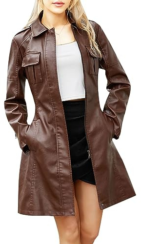 Trench mi-longueur en cuir synthétique pour femme - Double boutonnage - Veste longue - Automne et printemps - Mode - Printemps - Automne
