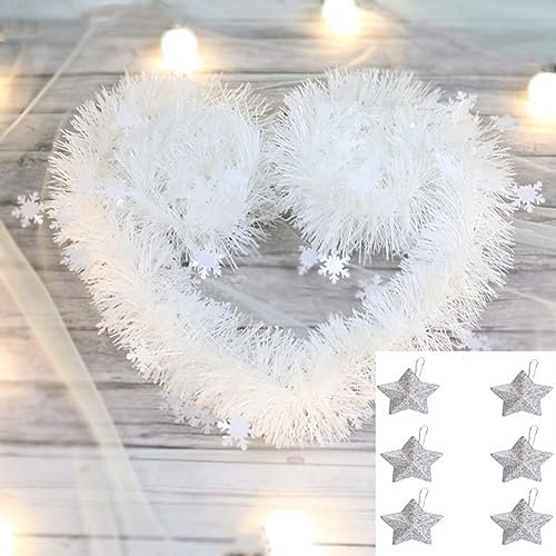 Yurosiay Weiß weihnachtsgirlande Set 2 Stück×2m Weiß Girlande Weihnachtsbaum Mit 6 Stück Glitzerstern-Anhänger Winter Künstliche Schneeflocken Tannengirlande für Kamin Treppe Geländer Silber