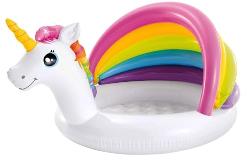 Virsus Piscina Gonfiabile a forma di UNICORNO 113NP, misura 127x102x69 cm, Piscinetta in Pvc con Parasole di colore arcobaleno, per terrazzo, giardino, spiaggia