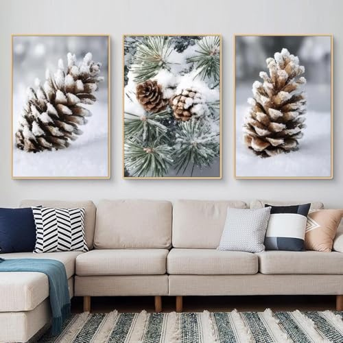 champracer 3er Poster Set, Winter Deko Wand, Tannenzapfen Winterschnee Landschaft Wald ohne Rahmen, Dekorative Winter Poster Kunstdrucke für Wohnzimmer Schlafzimmer Weihnachten Deko (40x50 cm)