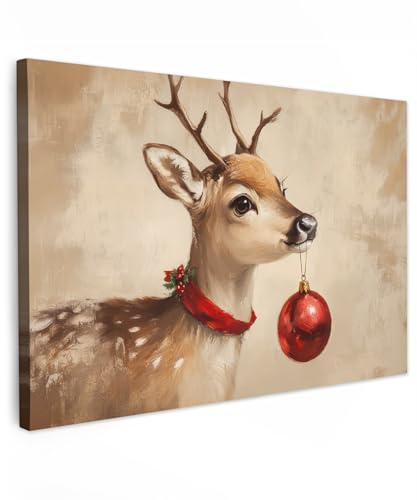 MuchoWow© Weihnachtsdeko Leinwand Bilder Groß XXL Wanddeko Wohnzimmer | 120x80 cm - Weihnachtsgeschenke Deko Zimmer Wandbilder Modern Bild auf Geschenk Weihnachten - Hirsch - Geweih