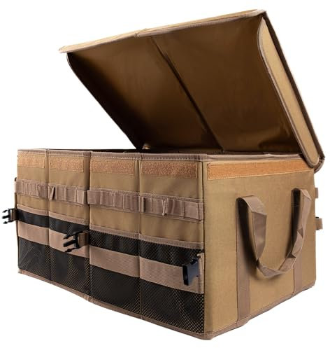 Tongketec Large 70L SUV Trunk Organizer, Trunk Organizer With Lid, Foldable Cargo Storage Box, Brown, 4-Compartments With Handle, Universal for Car Sedan Truck Camping Grocery Shopping Travel