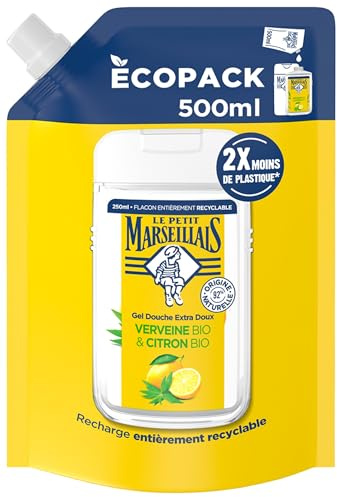 Le Petit Marseillais – Recharge Gel Douche Extra Doux Verveine Bio & Citron Bio (écopack de 500 ml) – Gel douche avec 92% d'ingrédients d'origine naturelle – Emballage entièrement recyclable