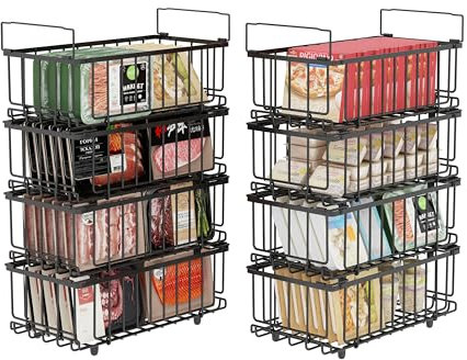 UMDONX 8 Pack Chest Freezer Organiser Baskets Stackable Kitchen Storage Boxes with Handles, Pantry Shelf Rack Wire Bins Forzen Goods Sort, Durable Metal Black