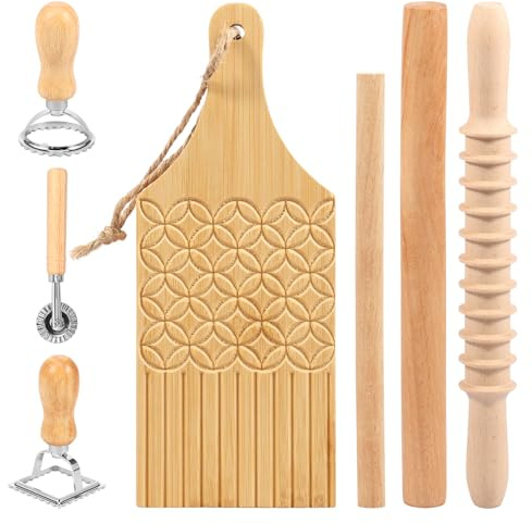 MENIBBLER 7 Pcs Pasta Making Tools Set Includes Spiral Rolling Pin, Wooden Rolling Stick Gnocchi Board Ravioli Stamp Practical DIY Pasta Making Kit for Home Kitchen Cooking