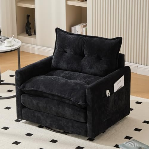 PUGSDRLY Fauteuil Salon,Chaise Pivotante à 360° avec Large et épais Coussin,Poches Latérales,Fauteuil Relax,Grand Canapé d'angle Simple pour Salon,Chambre Bureau (Noir)