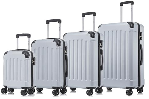 YONSLY Koffer Suitcase Set, Trolley Reisekoffer, Rollkoffer Handgepäck, Kofferset, Gepäckset mit 4 Rollen 360°, Hartschalenreisekoffer, Zahlenschloss, Weicher Gummigriff (4er Set, S,M,L&XL, Silber)