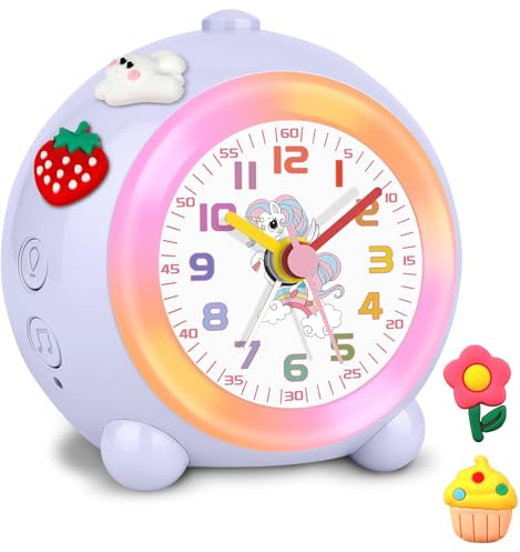 SOCICO Despertador analógico para niños, diseño de unicornio, silencioso, sin tictac, bonito melocotón, analógico, con luz colorida, volumen ajustable (lila pálido)