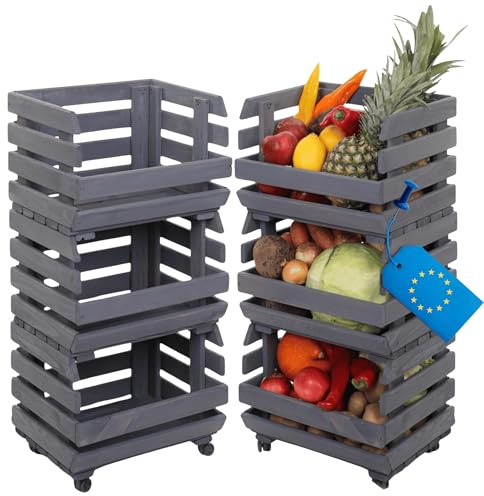 MODO24 Modular Holzregal für Gemüse & Obst auf Rollen, Stapelbares Regalsystem aus Kiefernholz, 3 Holzkisten, Kartoffelsteige, Küchenregal, Vorratsregal, Gemüseregal, Abm. 81x37x30 cm, Fargbe: Grau