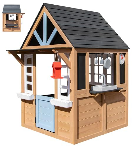 Kids Outdoor Playhouse, Weather-Resistant Wooden Play House for Ages 3–12 with Play Kitchen,Chalkboard, Birdcage, Bench & Pet Door, Flowerpots for Backyard Garden — Gift for Creative & Social Play