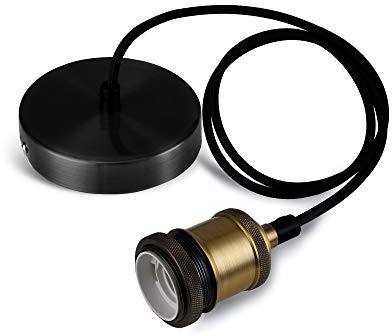 SHINY STAR Vintage Pendant Light Fitting, Modern Retro Industrial Style Bronze E27 Lamp Holder Matt Black Ceiling Rose with Black Braided Flex Cable-KIT02BLK