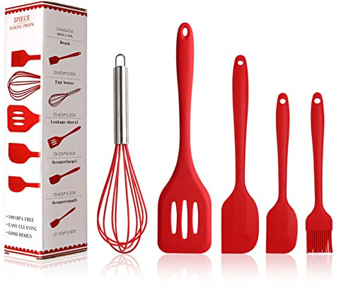 BINHAI Silicone Spatula Set, Red 5 Piece Kitchen Utensils Set, Basting Brushes, Pastry Oil Brush, Egg Beater, Slotted Turner, Stainless Steel Core Silicone Cooking Spatulas Non-Stick