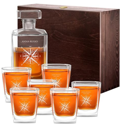 Maverton Decanter per Whisky in vetro, incisione personalizzata | Caraffa in vetro da 700 ml + 6 Set bicchieri whisky, idea regalo per la donna, bussola