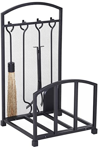 HOMCOM Portalegna da Interno ed Esterno in Metallo con Ganci e 4 Attrezzi per Camino Inclusi, 39x39x68cm, Nero