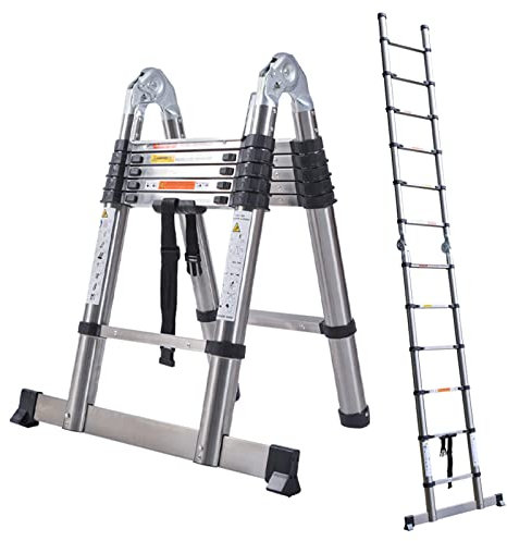 Stainless Steel Telescoping Ladder 12.5ft/3.8m Telescopic Extension Ladder Multi Purpose A-Frame Straight Ladder 300LB Capacity Spring Loaded Locking Stabilizer Bar Safety Lock for Indoor & Outdoor