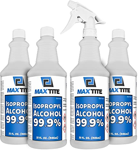 MaxTite 99.9% Isopropyl Alcohol (1 Gallon (4 Pack, 32 fl oz) - Includes Heavy-Duty Spray Nozzle - Made in USA