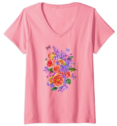 Cute Summer lilac flower houseplant insect floral butterfly V-Neck T-Shirt