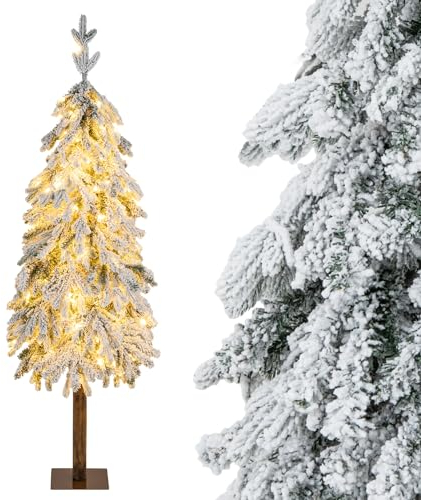 GYMAX Künstlicher Weihnachtsbaum 150 cm, Tannenbaum mit 320 Spitzen & stabilem Sockel, Kunstbaum Christbaum mit Schnee & 160 LED-Leuchten, für Zuhause, Büro & Einkaufszentrum